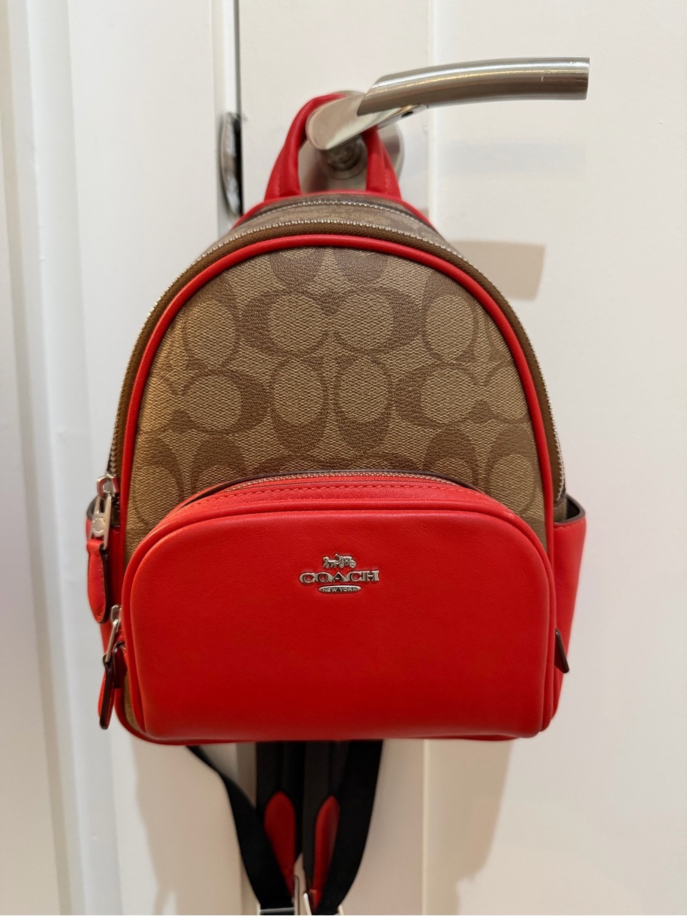 Coach Brown Signature Canvas Mini Backpack with Red Leather Accents